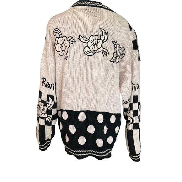 No! Jeans Pop Revolution Black & White Graphic Checkered Cardigan With Floral Kn - Picture 10 of 16